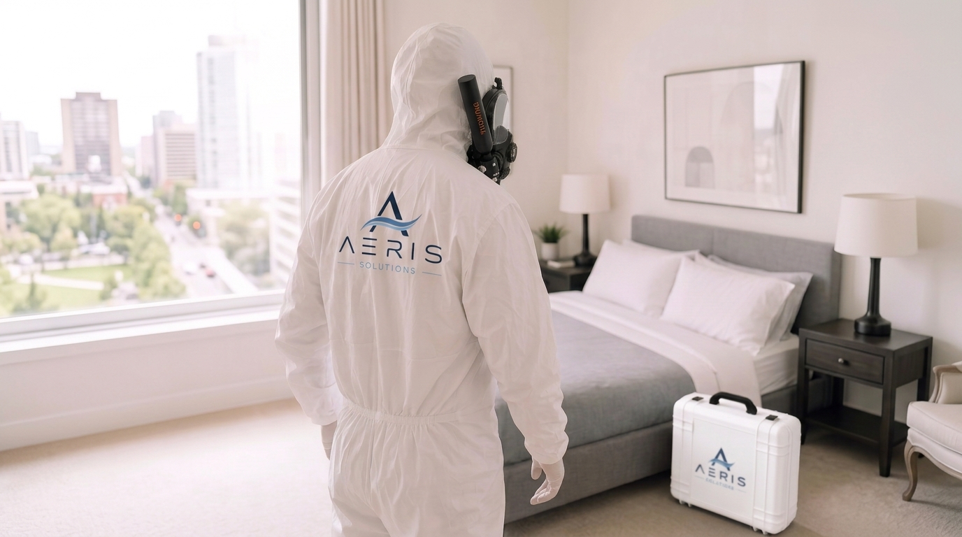 Technicien Neutra Services en équipement de protection respiratoire lors d'une intervention