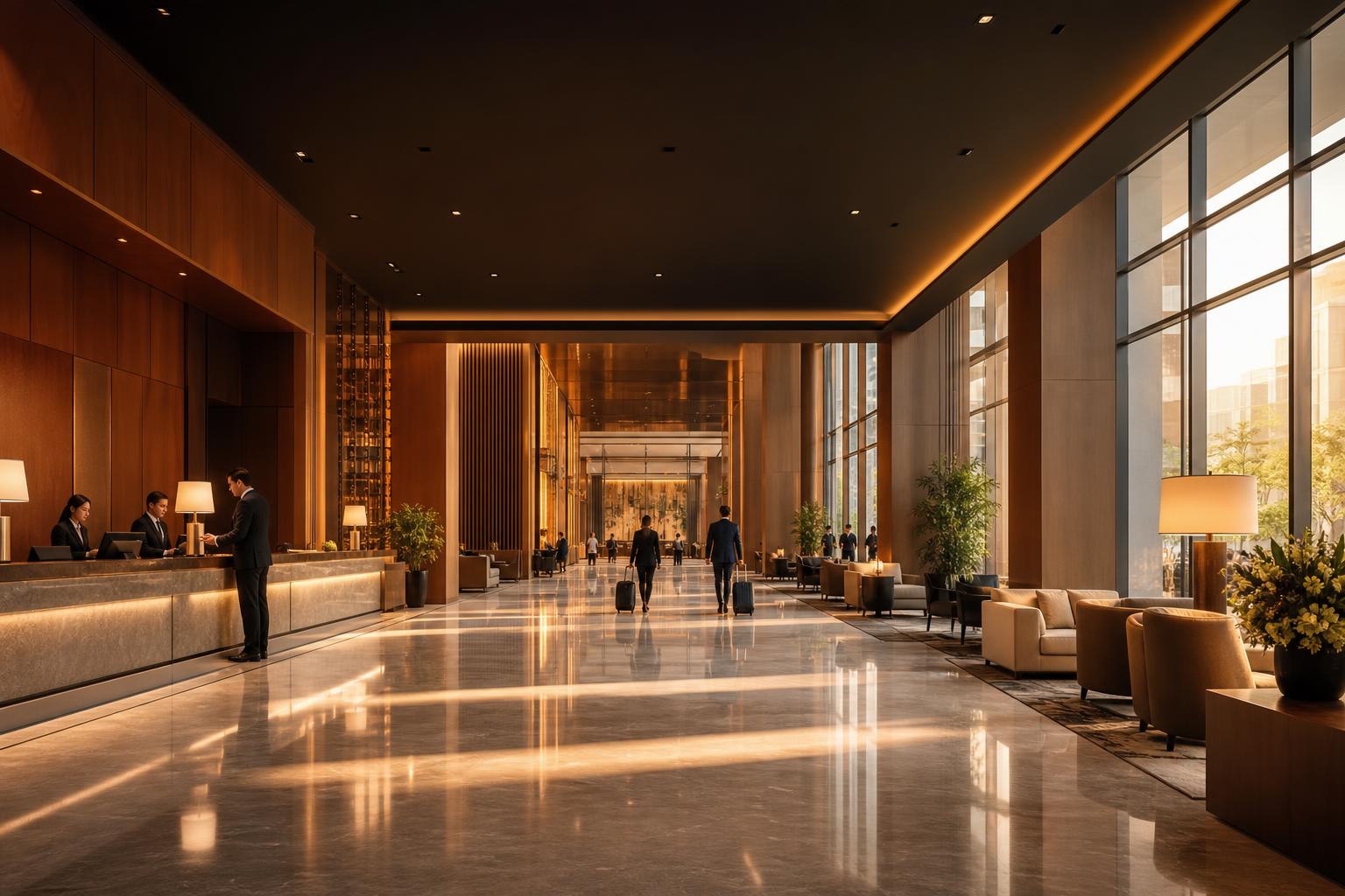 Hall d'hôtel contemporain avec réception et clients